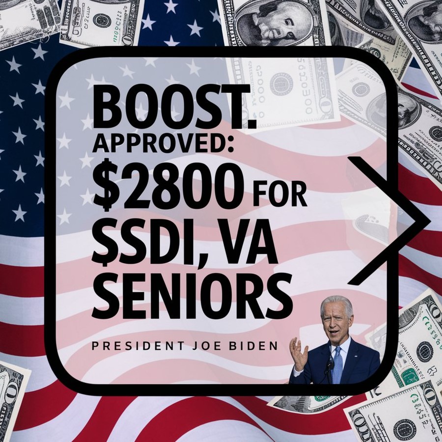 Create an image with a background of US dollar bills and US Flag. In the foreground, place a large transperant rectangle with rounded corners and a bold black border. Inside the rectangle, write in large, bold black text: $2800 Boost Approved For SSI SSDI VA Seniors". Add a arrow pointing to the text from the right side of the rectangle. In the bottom right corner of the rectangle, include a small image of President Joe Biden speaking in the white house.